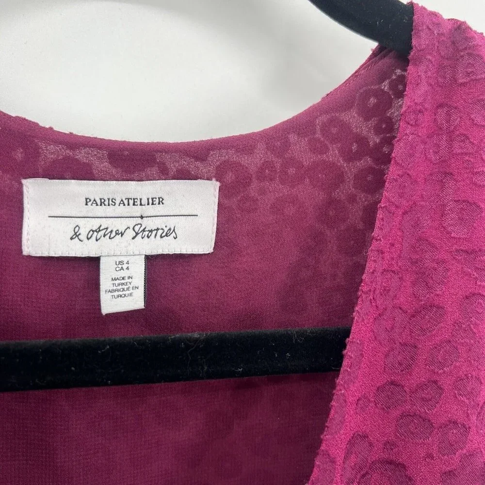 & Other Stories Gathered Waist Leopard Jacquard Mini Dress Vneck Burgundy 4 - Picture 5 of 7